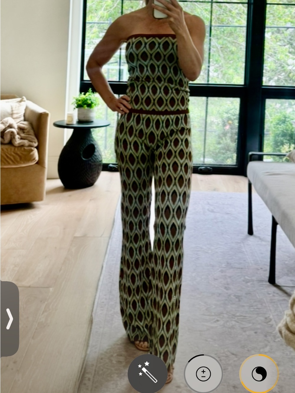 NWT Misa Los Angeles Cream & Brown Strapless Geometric Knit Jumpsuit